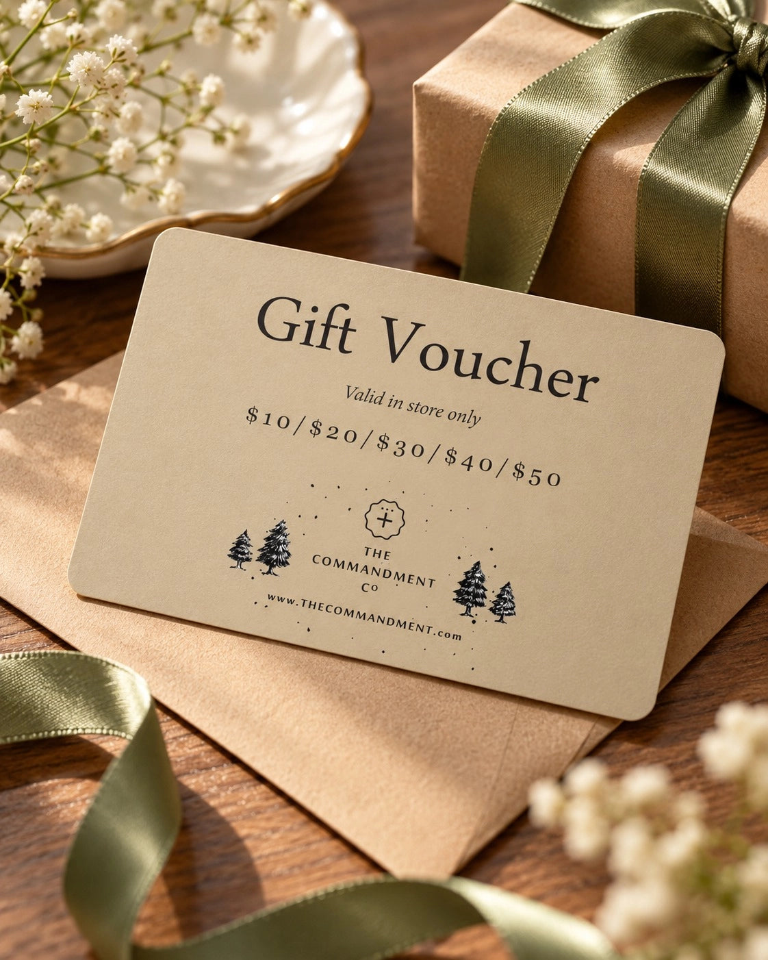 The Commandment Co physical gift voucher styled with a kraft envelope, ribbon and gift box.