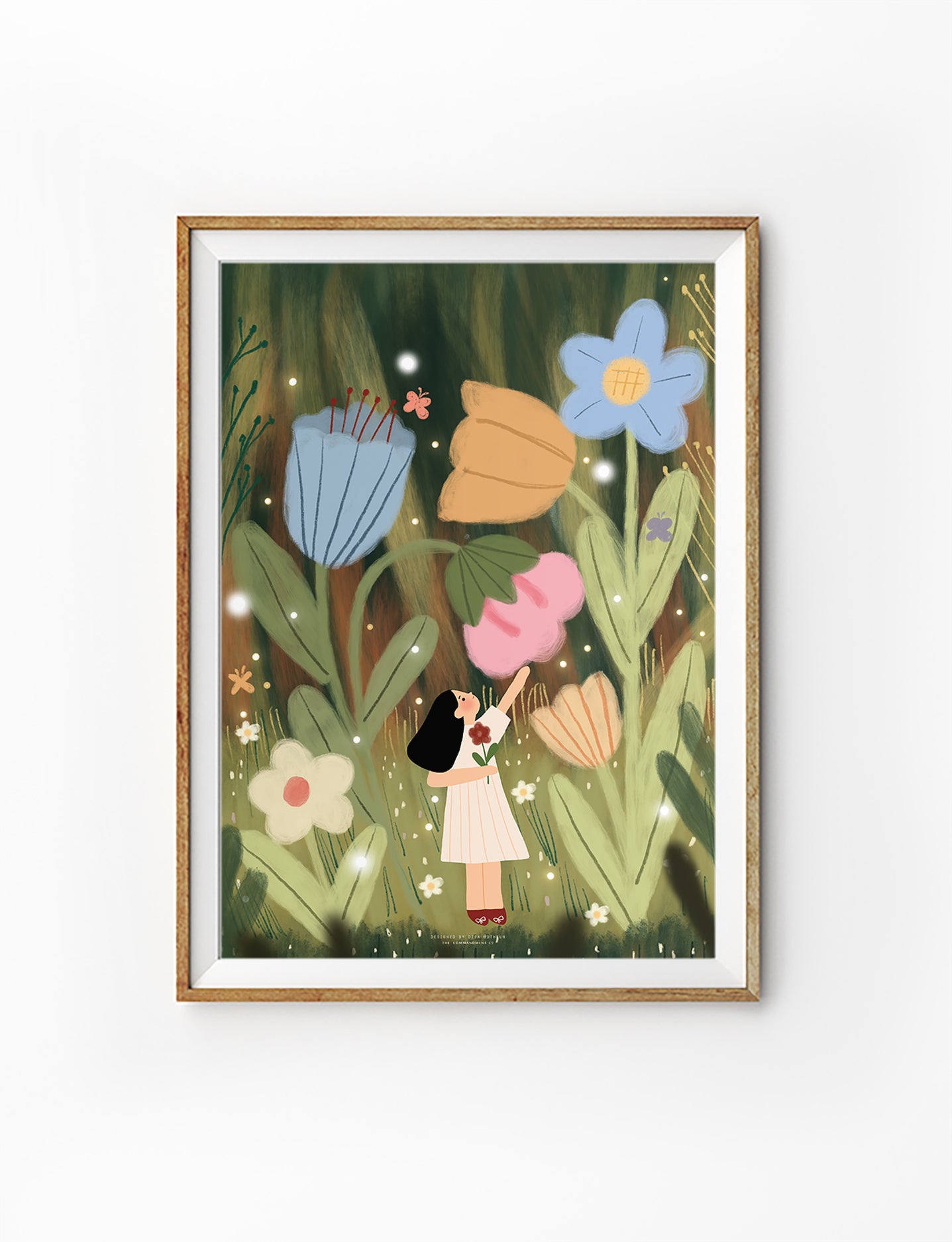 Whimsical Christian art poster featuring a girl standing among oversized flowers in a glowing garden, illustrated faith-inspired wall decor.