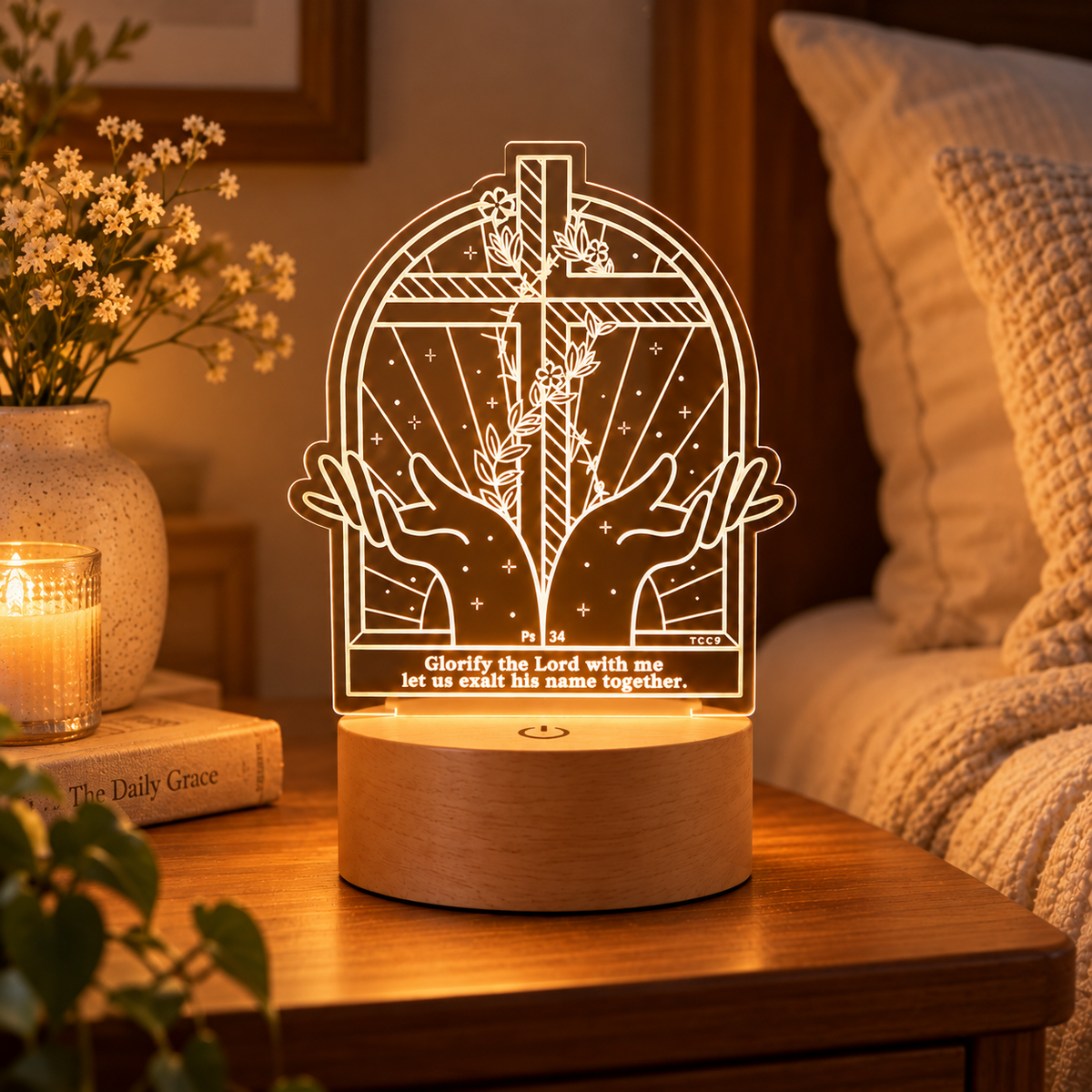 Glorify the Lord with Me Psalm 34 Christian acrylic night light glowing on its wooden base in a warm bedroom