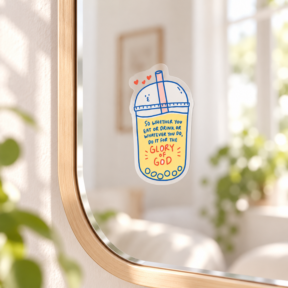 Glory of God bubble tea mirror decal sticker applied to a round mirror in a bright room