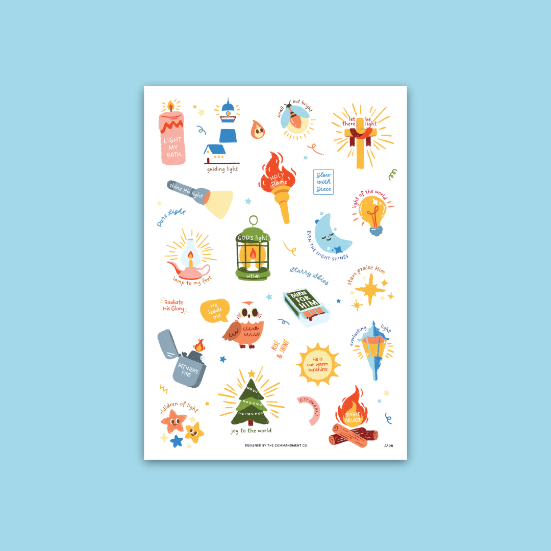 Glow Stickers Sticker Sheet with transparent background featuring faith-inspired light and joy designs like “Light My Path,” “Radiate His Glory,” and “Shine His Light” by The Commandment Co.