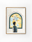 A contemplative illustration of a young individual gazing through an arched window with the text 'The Lord your God will be with you' from Joshua 1:9, beautifully crafted for spiritual encouragement, featured at a Christian Gifts Shop in Singapore.