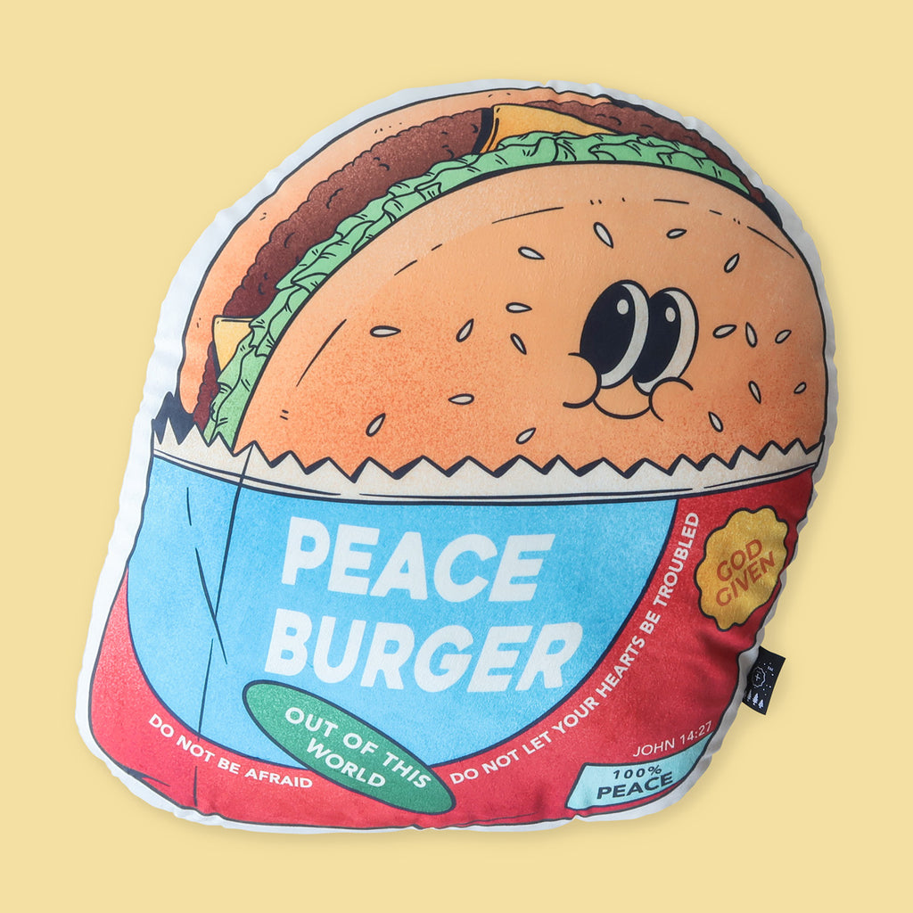 Peace Burger Christian plush pillow featuring John 14:27, with a cheerful burger design and messages of peace and comfort.