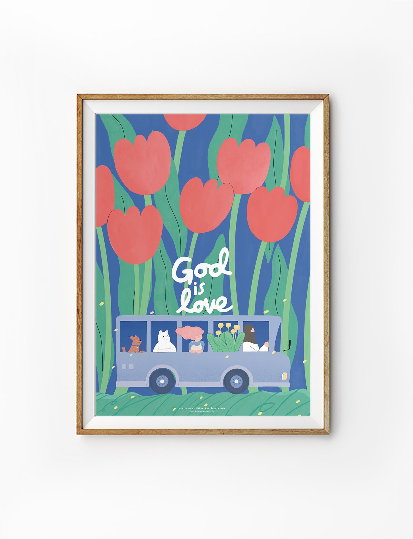 “God is Love” Christian poster with tulip flowers and illustrated bus, faith-based wall decor.