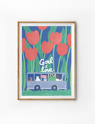 “God is Love” Christian poster with tulip flowers and illustrated bus, faith-based wall decor.
