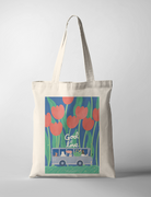 “God is Love” Christian tote bag with tulip flowers and bus illustration, cheerful faith-inspired design.