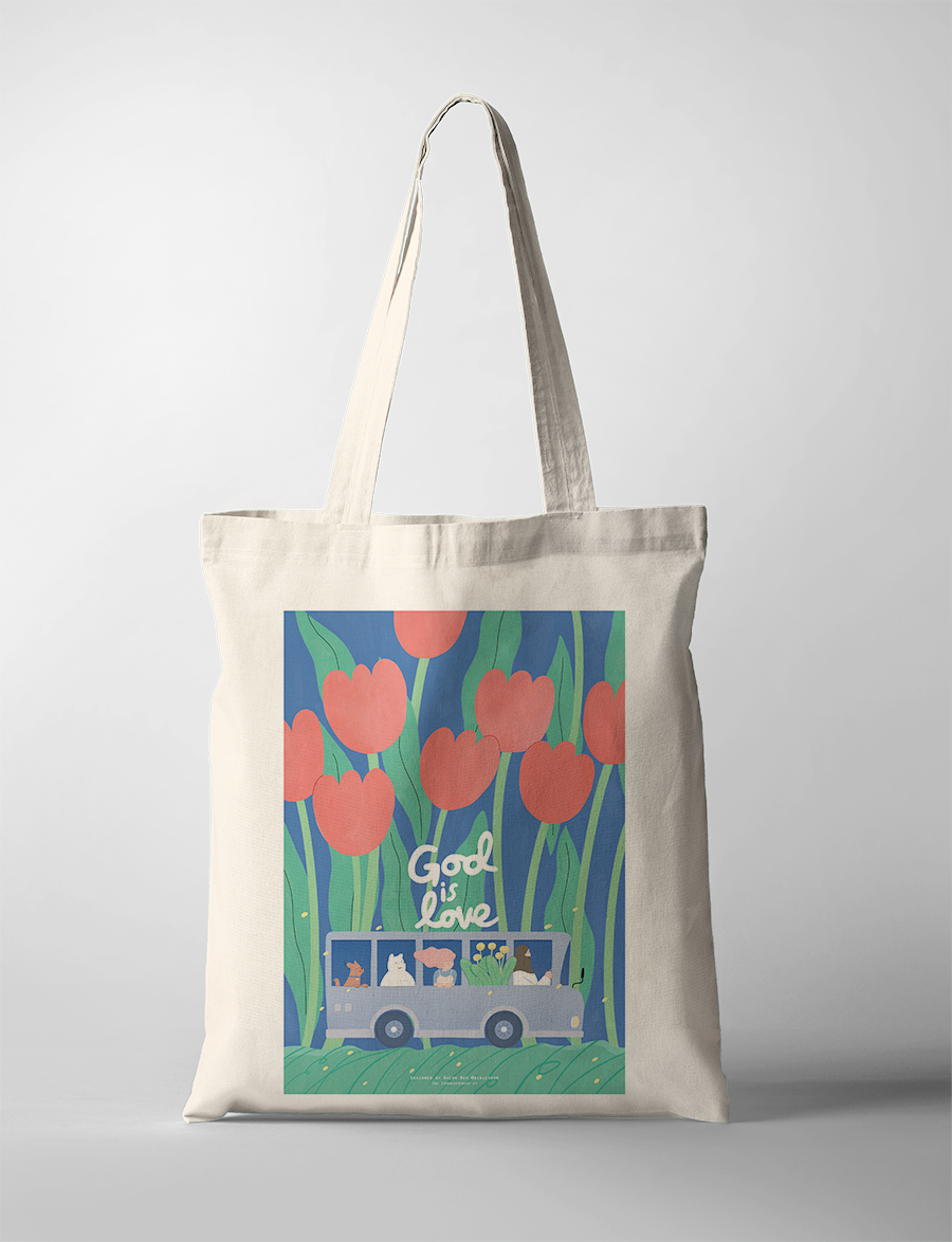 “God is Love” Christian tote bag with tulip flowers and bus illustration, cheerful faith-inspired design.