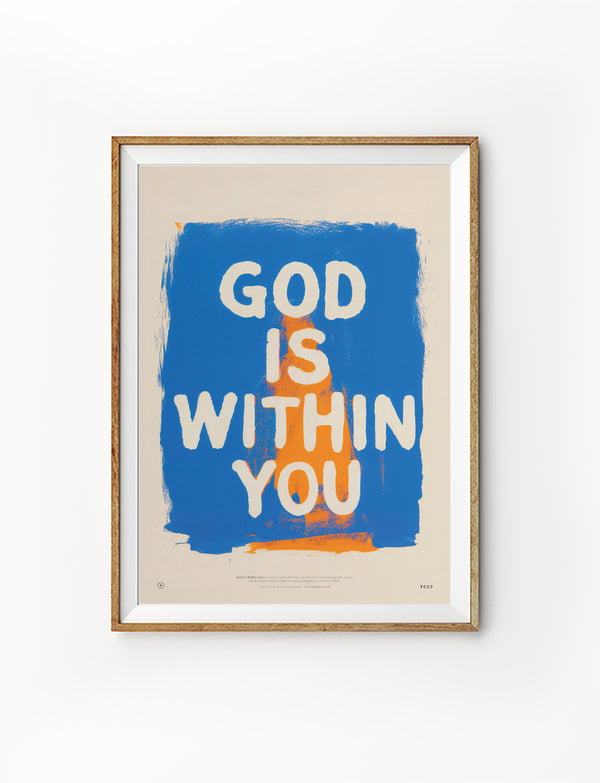Blue and orange God Is Within You Christian poster inspired by 1 Corinthians 3:16