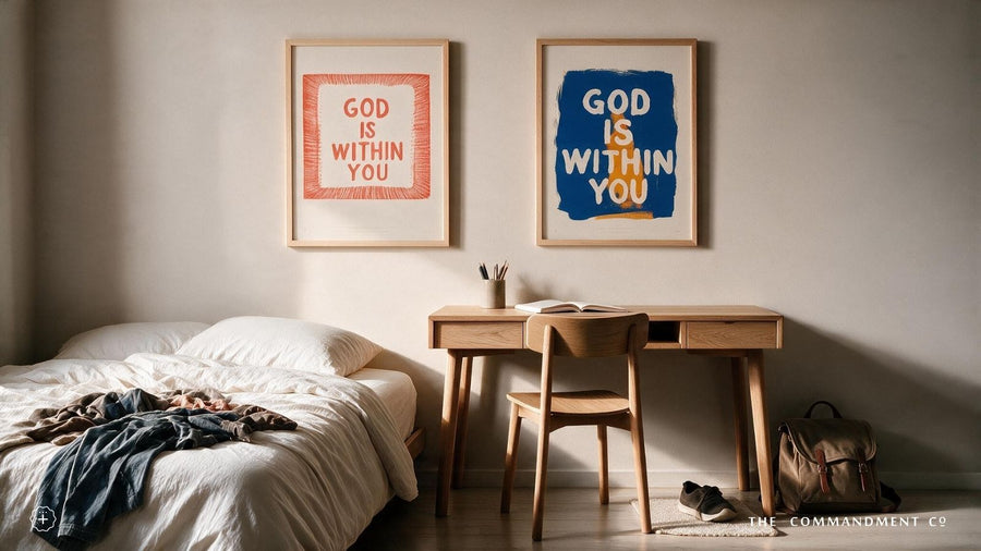 Coral and blue God Is Within You Christian posters displayed above a wooden desk