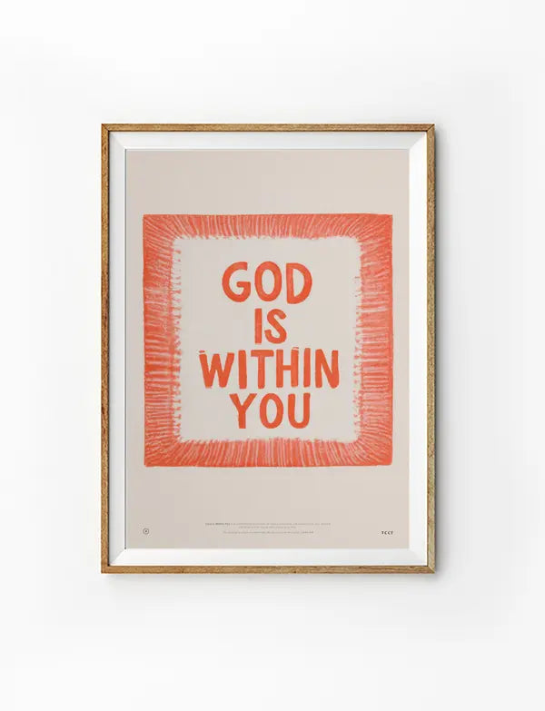 God Is Within You Christian poster inspired by 1 John 4:4 in a wooden frame on a white background