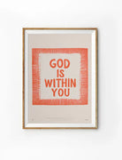 God Is Within You Christian poster inspired by 1 John 4:4 in a wooden frame on a white background