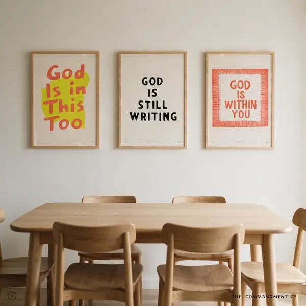 God Is Within You Christian wall art shown in a three-poster gallery above a wooden dining table