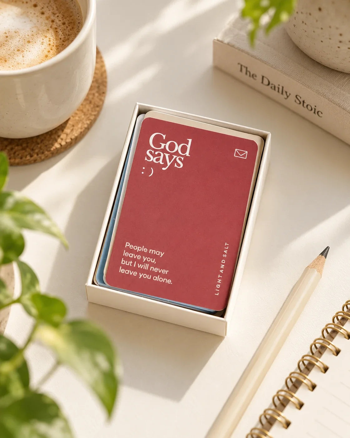 God Says mini card set in a white box on a sunlit writing desk