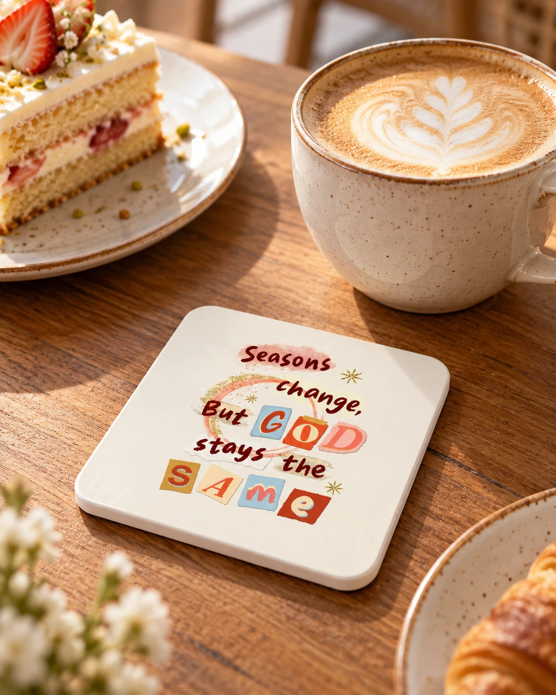 Seasons Change But God Stays the Same coaster on a cafe table beside a latte and slice of cake