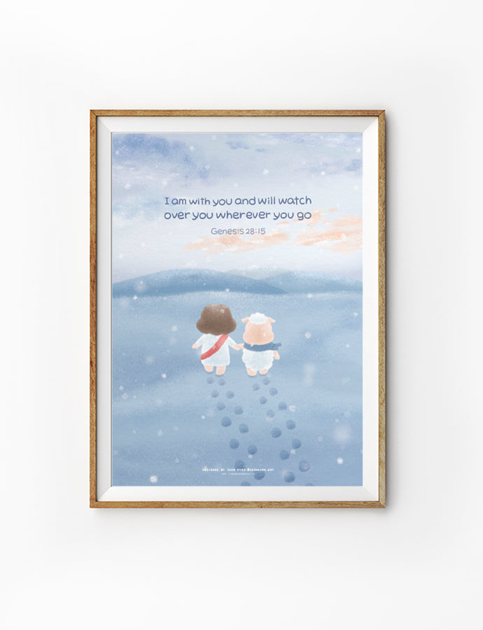A heartwarming illustration of Jesus and a fluffy sheep walking together on a snowy path, symbolizing companionship and divine protection. The poster features the comforting Bible verse, 'I am with you and will watch over you wherever you go,' from Genesis 28:15.