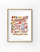 Christian poster featuring “God will never let what you’ve lost be the best you’ve ever had” with colourful illustrated details