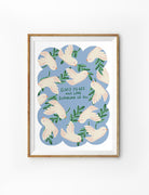 A beautiful faith-based poster illustrating soft, pastel-colored doves gracefully flying across a calming blue background, each carrying an olive branch. The words "God’s peace and love surround us all" are written in the center, making this Christian-inspired wall art a perfect addition to any home, symbolizing divine love and serenity.