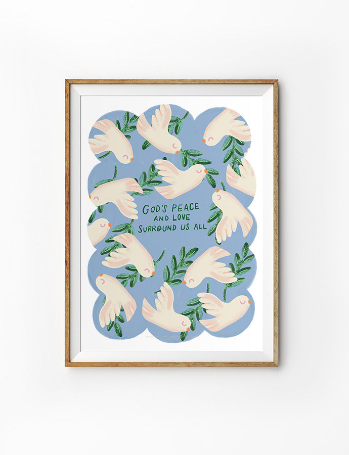 A beautiful faith-based poster illustrating soft, pastel-colored doves gracefully flying across a calming blue background, each carrying an olive branch. The words "God’s peace and love surround us all" are written in the center, making this Christian-inspired wall art a perfect addition to any home, symbolizing divine love and serenity.