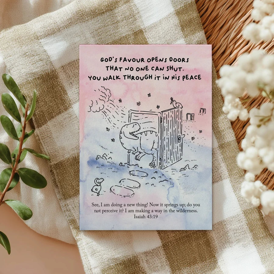 God's Favour Opens Doors Christian postcard with dinosaur illustration and Isaiah 43:19 verse