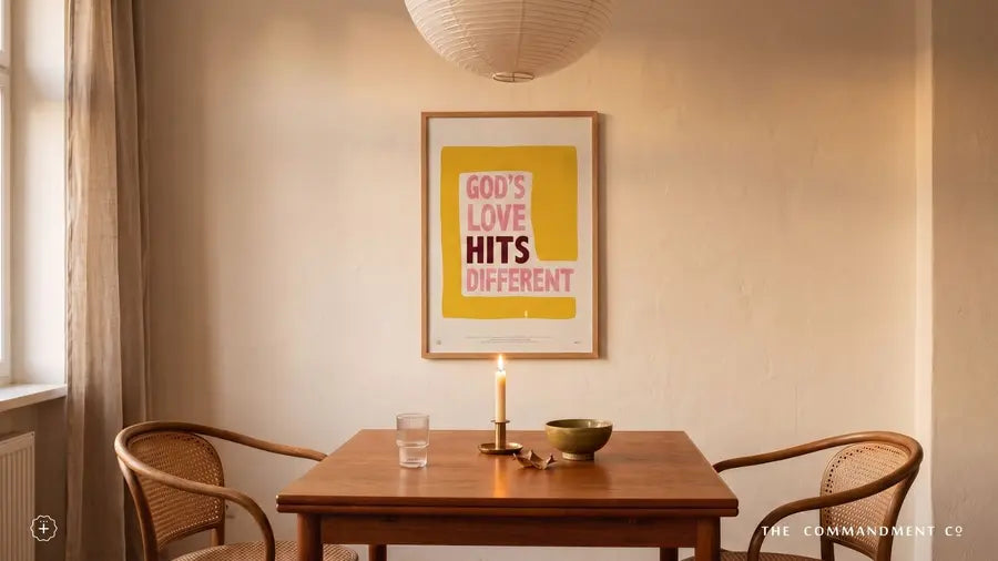God’s Love Hits Different Christian wall art displayed in a warm dining room
