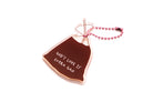 Angled view of drink bag acrylic keychain featuring “God’s Love Is Extra Gao” with pink ball chain