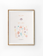 Uplifting "God's plan" poster in a wooden frame, featuring a single seashell labeled "my plan" and a colorful collection of seashells and starfish labeled "God's plan," celebrating Christian faith and simple happiness.