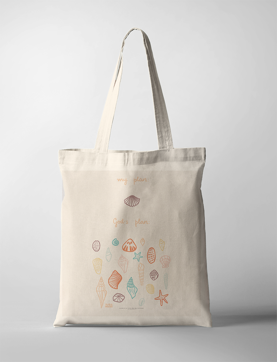 seashell tote bag labeled "my plan" and a colorful collection of seashells and starfish labeled "God's plan," celebrating Christian faith and simple happiness.