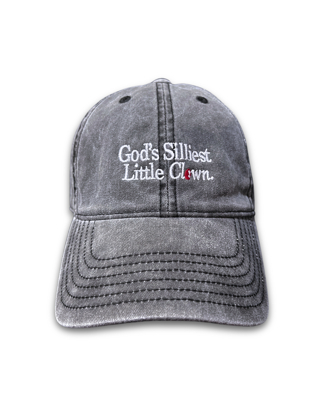 God’s Silliest Little Clown embroidered washed-grey cotton cap by Quite at Home.