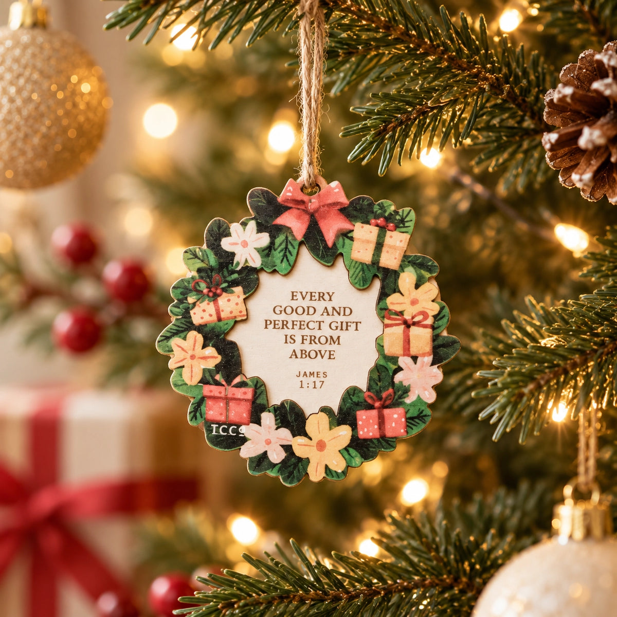 Good and Perfect Gift James 1:17 wooden Christmas ornament hanging on a warmly lit Christmas tree.