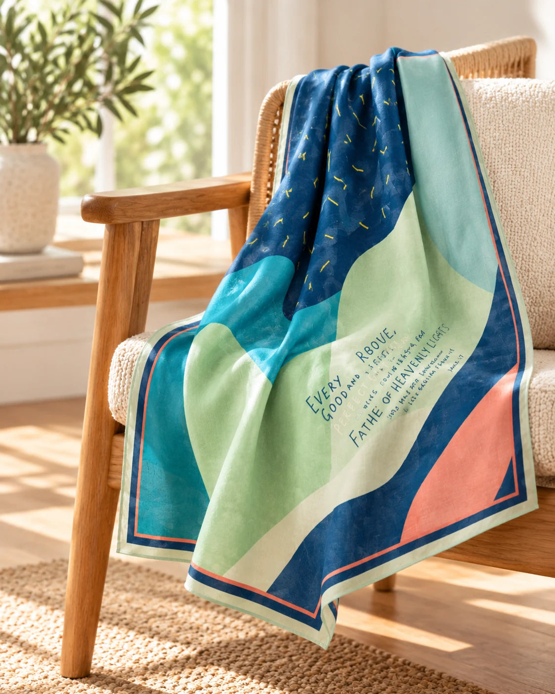 Good and Perfect Gifts blue and green Christian scarf draped over a woven armchair in warm sunlight.