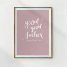 Inspirational artwork with the text "Good Good Father" and Galatians 4:7, styled in a minimalist design with light, whimsical lettering and subtle star accents on a calming lavender backdrop.