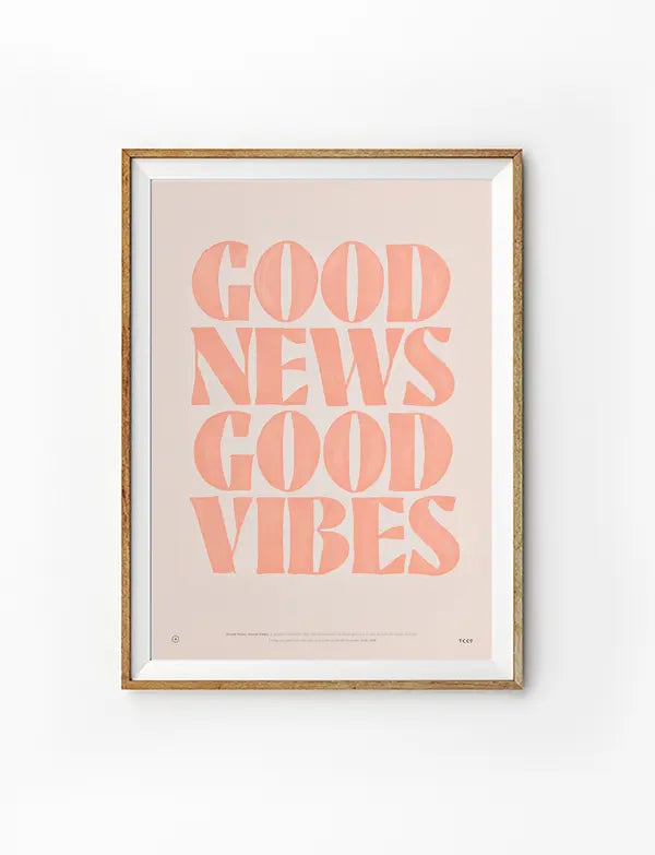 Good News Good Vibes Christian poster in a light wood frame