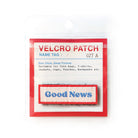 Velcro tag with 'Good News' text in blue on a white and red background, an inspirational Christian-themed accessory for clothing and bags.