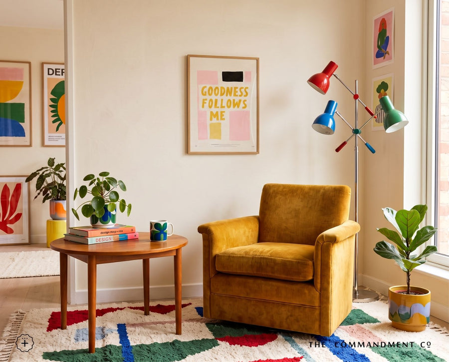 Goodness Follows Me Christian poster in a colourful reading room