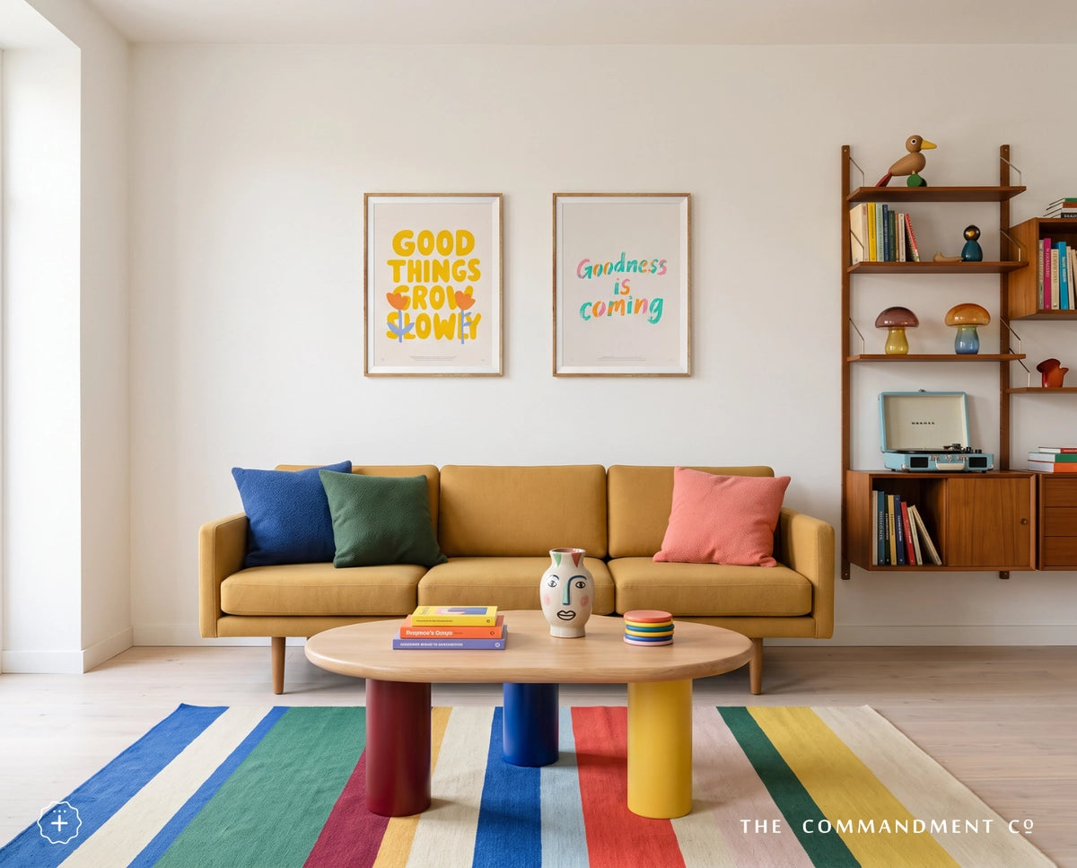 Goodness Is Coming Christian poster paired with Good Things Grow Slowly above a mustard sofa