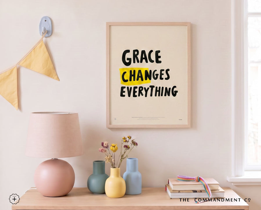 Grace Changes Everything Christian poster styled above pastel decor