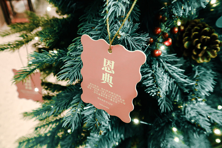 Christian Christmas tree hanging ornament featuring the Bible verse 'Grace' from 2 Corinthians 12:9, with a pink scalloped design hanging on a decorated tree.