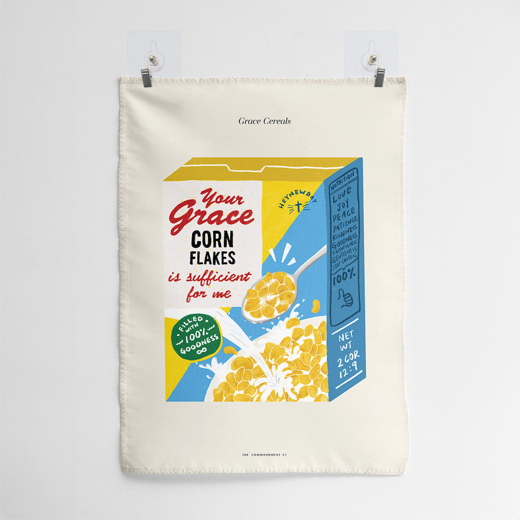 Wall tapestry featuring a creative cereal box design labeled 'Your Grace Corn Flakes is sufficient for me,' inspired by 2 Corinthians 12:9, symbolizing God's grace and blessings with a fun and meaningful visual