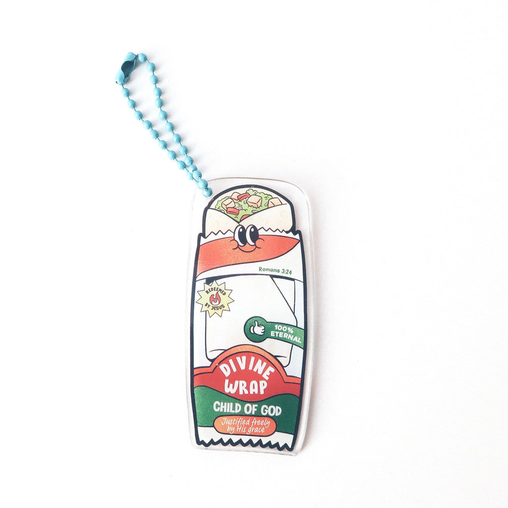 Christian keychain featuring a wrap design with the message 'Divine Wrap, Child of God,' and scripture reference Romans 3:24, perfect for faith-based gifts.