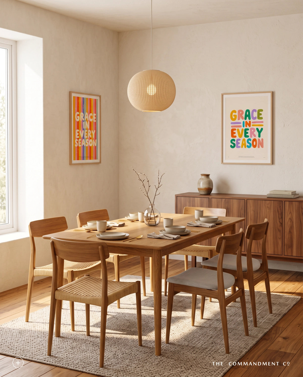 Grace in Every Season poster displayed in a warm dining room with wooden furniture
