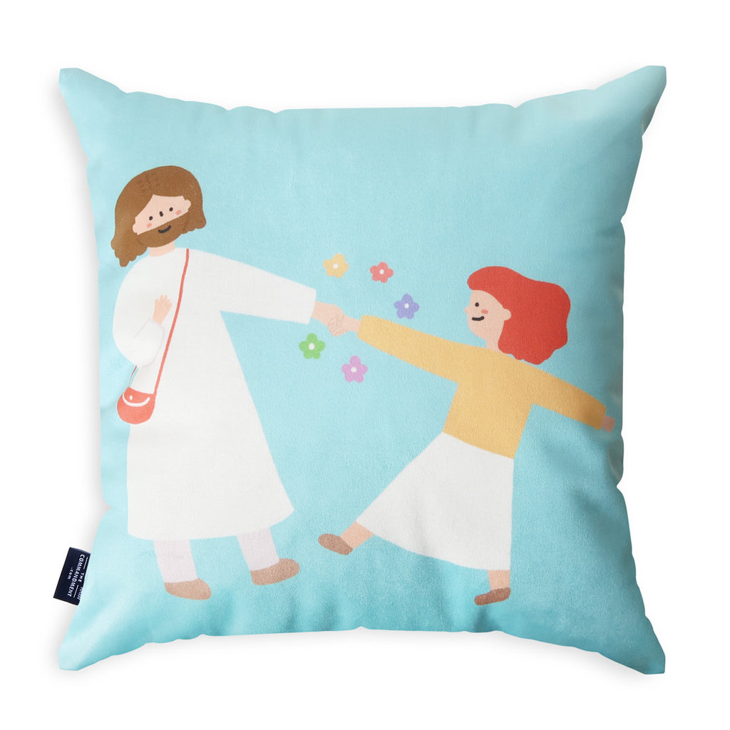 Decorative throw pillow featuring an illustration of Jesus holding hands with a child, themed 'Grace in Every Step,' perfect for Christian faith-based home decor.