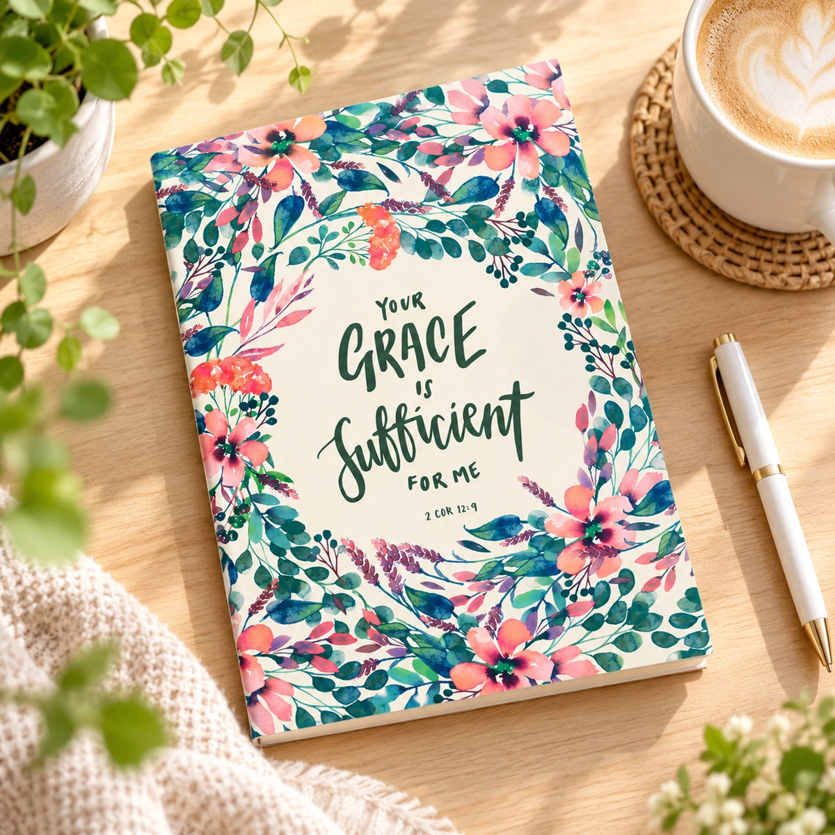 Grace Is Sufficient A6 Christian notebook styled on a bright wooden desk with coffee, pen and greenery