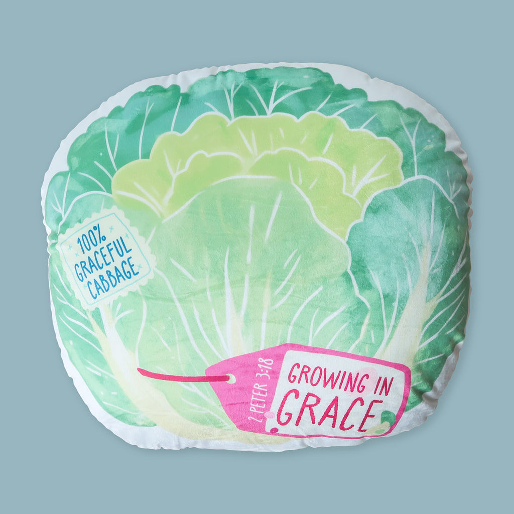 Christian cabbage-themed plush toy with 'Growing in Grace' design inspired by 2 Peter 3:18, perfect for faith-filled home decor.