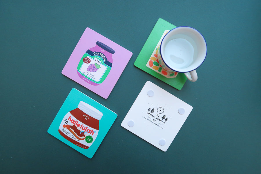 Colourful Christian coaster assortment with church, prayer and encouragement themes.