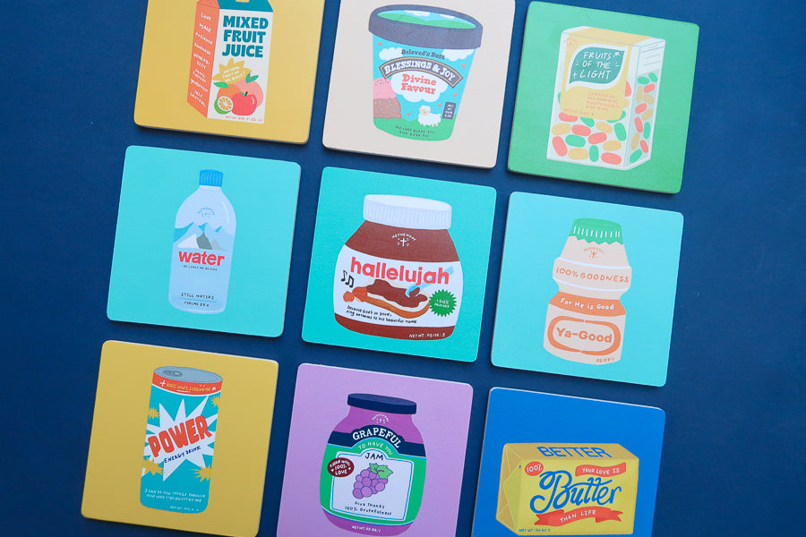 Grocery-item-inspired Christian quote coasters from the Love Supermarket collection.