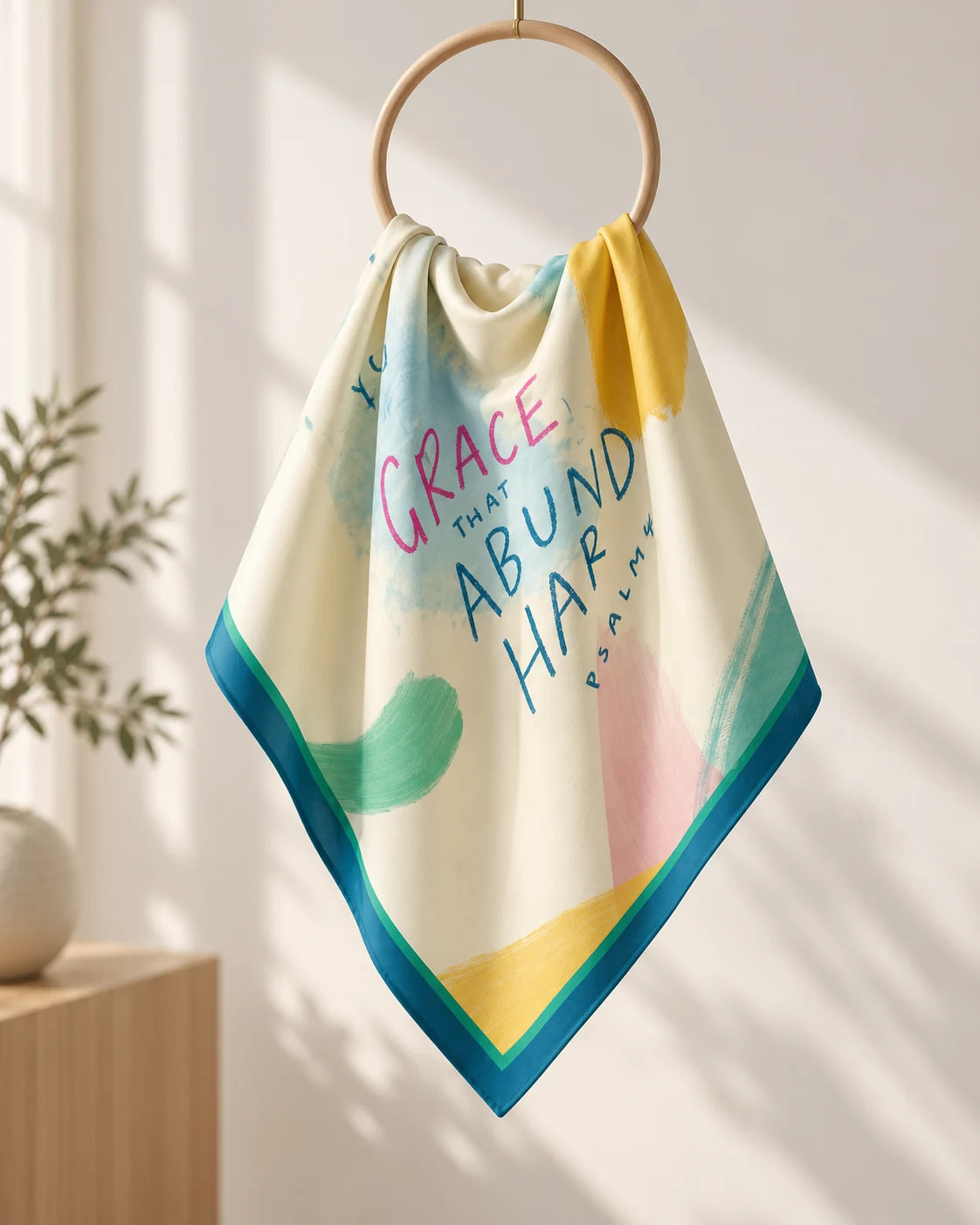 Cream Christian scarf with colourful Grace text and teal border draped over a wooden ring in a sunny room.