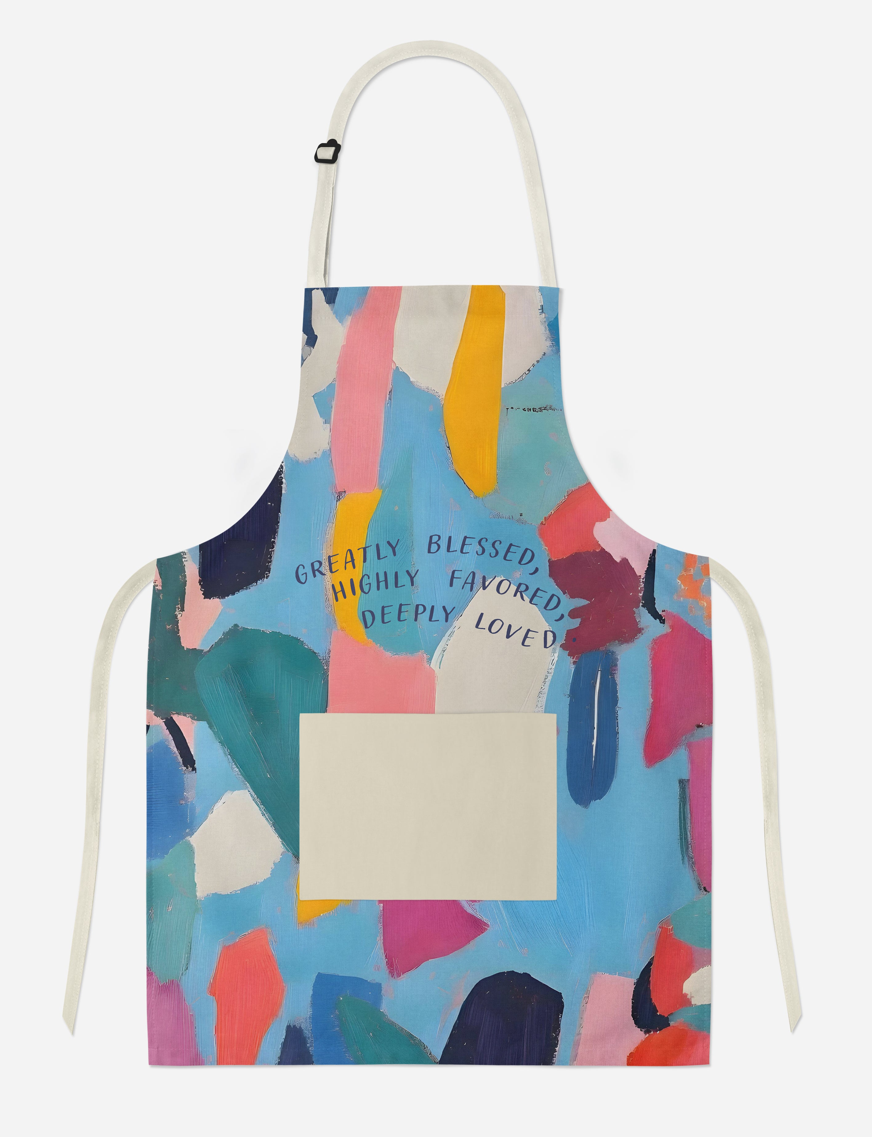 Greatly Blessed apron with abstract colorful brushstrokes and the uplifting message "Greatly Blessed, Highly Favored, Deeply Loved," inspiring faith and simple happiness.