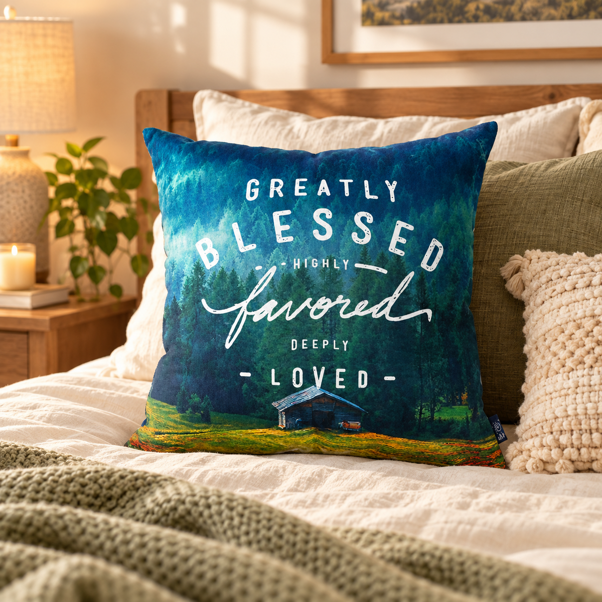Greatly Blessed Highly Favored Deeply Loved Christian cushion cover styled on a cosy bed in warm natural light