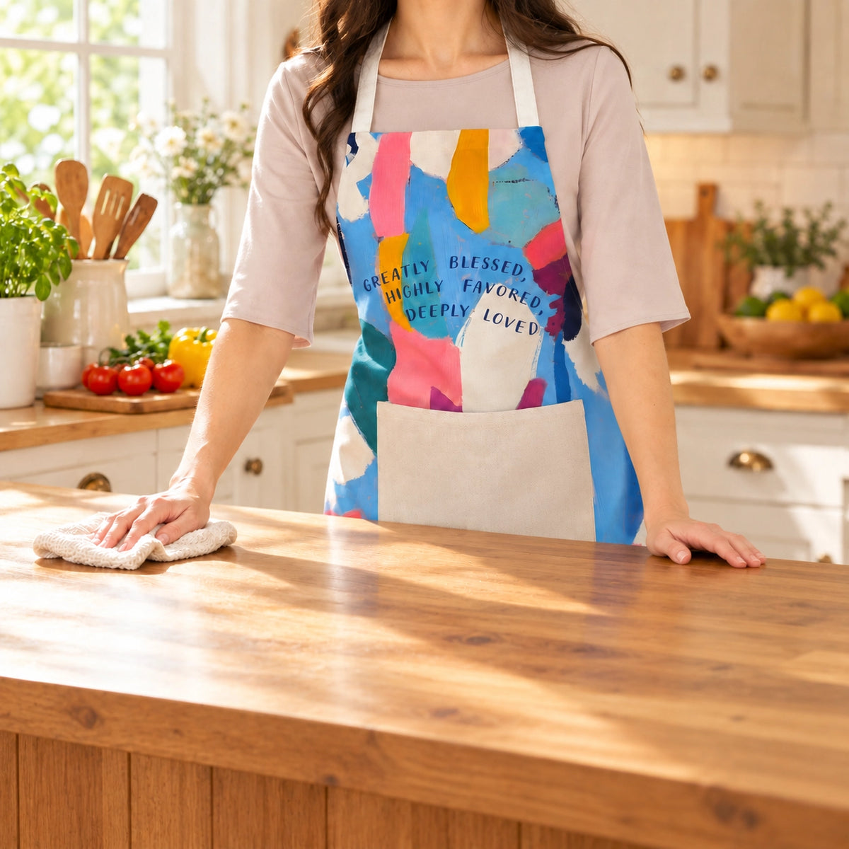 Greatly Blessed Highly Favored Deeply Loved Christian apron worn in a bright home kitchen