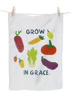 Grow in Grace tea towel featuring colorful vegetable illustrations on white fabric with the phrase “Grow in Grace” — a contemporary Christian home decor gift.